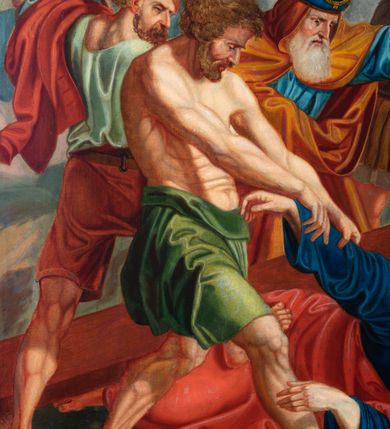 Zdjęcie nr 67: Czternaście obrazów uzyskało ten sam kształt stojącego prostokąta, obramienionego prostą, złoconą i profilowaną ramą. W polach obrazowych znalazły się wielopostaciowe kompozycje umieszczone najczęściej na tle pejzażu, ale także i architektury. Narracja każdego z obrazów skupia się na osobie Chrystusa, któremu towarzyszą inni ludzie, zgodnie z tematyką kolejnej stacji. Namalowane postacie wykonują gwałtowne i dynamiczne gesty. Na ich twarzach o jasnych karnacjach widoczne są różne emocje. Postacie ubrane są w obficie drapowane szaty o intensywnej i kontrastowej kolorystyce. Cykl przedstawia: 1) Sąd Piłata, 2) Jezus bierze krzyż na ramiona, 3) Pierwszy upadek Chrystusa, 4) Chrystus spotyka matkę, 5) Szymon z Cyreny pomaga nieść krzyż Jezusowi, 6) Weronika ociera twarz Jezusa, 7) Drugi upadek pod krzyżem Chrystusa, 8) Jezus upomina płaczące niewiasty, 9) Trzeci upadek pod krzyżem Chrystusa, 10) Obnażenie z szat Jezusa, 11) Przybicie do krzyża Chrystusa, 12) Śmierć Chrystusa na krzyżu, 13) Opłakiwanie Jezusa, 14) Złożenie Chrystusa do grobu.  