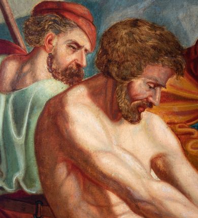 Zdjęcie nr 80: Czternaście obrazów uzyskało ten sam kształt stojącego prostokąta, obramienionego prostą, złoconą i profilowaną ramą. W polach obrazowych znalazły się wielopostaciowe kompozycje umieszczone najczęściej na tle pejzażu, ale także i architektury. Narracja każdego z obrazów skupia się na osobie Chrystusa, któremu towarzyszą inni ludzie, zgodnie z tematyką kolejnej stacji. Namalowane postacie wykonują gwałtowne i dynamiczne gesty. Na ich twarzach o jasnych karnacjach widoczne są różne emocje. Postacie ubrane są w obficie drapowane szaty o intensywnej i kontrastowej kolorystyce. Cykl przedstawia: 1) Sąd Piłata, 2) Jezus bierze krzyż na ramiona, 3) Pierwszy upadek Chrystusa, 4) Chrystus spotyka matkę, 5) Szymon z Cyreny pomaga nieść krzyż Jezusowi, 6) Weronika ociera twarz Jezusa, 7) Drugi upadek pod krzyżem Chrystusa, 8) Jezus upomina płaczące niewiasty, 9) Trzeci upadek pod krzyżem Chrystusa, 10) Obnażenie z szat Jezusa, 11) Przybicie do krzyża Chrystusa, 12) Śmierć Chrystusa na krzyżu, 13) Opłakiwanie Jezusa, 14) Złożenie Chrystusa do grobu.  