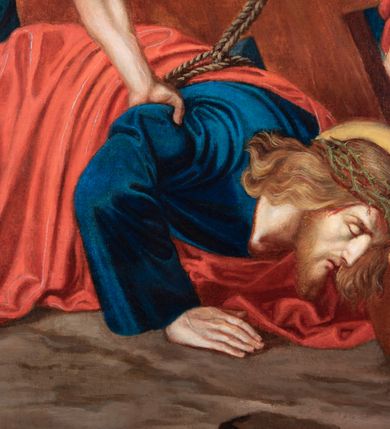 Zdjęcie nr 79: Czternaście obrazów uzyskało ten sam kształt stojącego prostokąta, obramienionego prostą, złoconą i profilowaną ramą. W polach obrazowych znalazły się wielopostaciowe kompozycje umieszczone najczęściej na tle pejzażu, ale także i architektury. Narracja każdego z obrazów skupia się na osobie Chrystusa, któremu towarzyszą inni ludzie, zgodnie z tematyką kolejnej stacji. Namalowane postacie wykonują gwałtowne i dynamiczne gesty. Na ich twarzach o jasnych karnacjach widoczne są różne emocje. Postacie ubrane są w obficie drapowane szaty o intensywnej i kontrastowej kolorystyce. Cykl przedstawia: 1) Sąd Piłata, 2) Jezus bierze krzyż na ramiona, 3) Pierwszy upadek Chrystusa, 4) Chrystus spotyka matkę, 5) Szymon z Cyreny pomaga nieść krzyż Jezusowi, 6) Weronika ociera twarz Jezusa, 7) Drugi upadek pod krzyżem Chrystusa, 8) Jezus upomina płaczące niewiasty, 9) Trzeci upadek pod krzyżem Chrystusa, 10) Obnażenie z szat Jezusa, 11) Przybicie do krzyża Chrystusa, 12) Śmierć Chrystusa na krzyżu, 13) Opłakiwanie Jezusa, 14) Złożenie Chrystusa do grobu.  