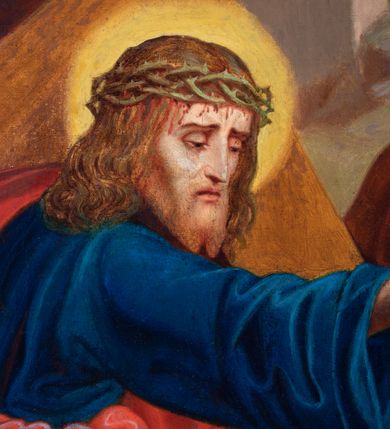 Zdjęcie nr 82: Czternaście obrazów uzyskało ten sam kształt stojącego prostokąta, obramienionego prostą, złoconą i profilowaną ramą. W polach obrazowych znalazły się wielopostaciowe kompozycje umieszczone najczęściej na tle pejzażu, ale także i architektury. Narracja każdego z obrazów skupia się na osobie Chrystusa, któremu towarzyszą inni ludzie, zgodnie z tematyką kolejnej stacji. Namalowane postacie wykonują gwałtowne i dynamiczne gesty. Na ich twarzach o jasnych karnacjach widoczne są różne emocje. Postacie ubrane są w obficie drapowane szaty o intensywnej i kontrastowej kolorystyce. Cykl przedstawia: 1) Sąd Piłata, 2) Jezus bierze krzyż na ramiona, 3) Pierwszy upadek Chrystusa, 4) Chrystus spotyka matkę, 5) Szymon z Cyreny pomaga nieść krzyż Jezusowi, 6) Weronika ociera twarz Jezusa, 7) Drugi upadek pod krzyżem Chrystusa, 8) Jezus upomina płaczące niewiasty, 9) Trzeci upadek pod krzyżem Chrystusa, 10) Obnażenie z szat Jezusa, 11) Przybicie do krzyża Chrystusa, 12) Śmierć Chrystusa na krzyżu, 13) Opłakiwanie Jezusa, 14) Złożenie Chrystusa do grobu.  