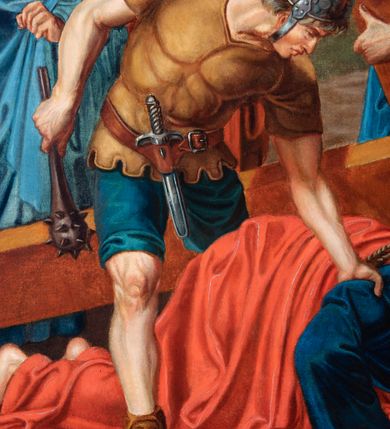 Zdjęcie nr 81: Czternaście obrazów uzyskało ten sam kształt stojącego prostokąta, obramienionego prostą, złoconą i profilowaną ramą. W polach obrazowych znalazły się wielopostaciowe kompozycje umieszczone najczęściej na tle pejzażu, ale także i architektury. Narracja każdego z obrazów skupia się na osobie Chrystusa, któremu towarzyszą inni ludzie, zgodnie z tematyką kolejnej stacji. Namalowane postacie wykonują gwałtowne i dynamiczne gesty. Na ich twarzach o jasnych karnacjach widoczne są różne emocje. Postacie ubrane są w obficie drapowane szaty o intensywnej i kontrastowej kolorystyce. Cykl przedstawia: 1) Sąd Piłata, 2) Jezus bierze krzyż na ramiona, 3) Pierwszy upadek Chrystusa, 4) Chrystus spotyka matkę, 5) Szymon z Cyreny pomaga nieść krzyż Jezusowi, 6) Weronika ociera twarz Jezusa, 7) Drugi upadek pod krzyżem Chrystusa, 8) Jezus upomina płaczące niewiasty, 9) Trzeci upadek pod krzyżem Chrystusa, 10) Obnażenie z szat Jezusa, 11) Przybicie do krzyża Chrystusa, 12) Śmierć Chrystusa na krzyżu, 13) Opłakiwanie Jezusa, 14) Złożenie Chrystusa do grobu.  