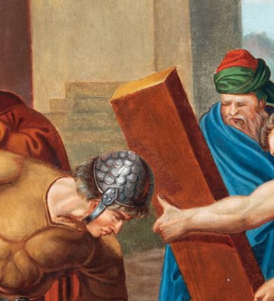 Zdjęcie nr 86: Czternaście obrazów uzyskało ten sam kształt stojącego prostokąta, obramienionego prostą, złoconą i profilowaną ramą. W polach obrazowych znalazły się wielopostaciowe kompozycje umieszczone najczęściej na tle pejzażu, ale także i architektury. Narracja każdego z obrazów skupia się na osobie Chrystusa, któremu towarzyszą inni ludzie, zgodnie z tematyką kolejnej stacji. Namalowane postacie wykonują gwałtowne i dynamiczne gesty. Na ich twarzach o jasnych karnacjach widoczne są różne emocje. Postacie ubrane są w obficie drapowane szaty o intensywnej i kontrastowej kolorystyce. Cykl przedstawia: 1) Sąd Piłata, 2) Jezus bierze krzyż na ramiona, 3) Pierwszy upadek Chrystusa, 4) Chrystus spotyka matkę, 5) Szymon z Cyreny pomaga nieść krzyż Jezusowi, 6) Weronika ociera twarz Jezusa, 7) Drugi upadek pod krzyżem Chrystusa, 8) Jezus upomina płaczące niewiasty, 9) Trzeci upadek pod krzyżem Chrystusa, 10) Obnażenie z szat Jezusa, 11) Przybicie do krzyża Chrystusa, 12) Śmierć Chrystusa na krzyżu, 13) Opłakiwanie Jezusa, 14) Złożenie Chrystusa do grobu.  