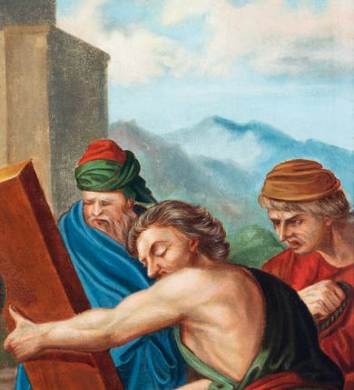 Zdjęcie nr 83: Czternaście obrazów uzyskało ten sam kształt stojącego prostokąta, obramienionego prostą, złoconą i profilowaną ramą. W polach obrazowych znalazły się wielopostaciowe kompozycje umieszczone najczęściej na tle pejzażu, ale także i architektury. Narracja każdego z obrazów skupia się na osobie Chrystusa, któremu towarzyszą inni ludzie, zgodnie z tematyką kolejnej stacji. Namalowane postacie wykonują gwałtowne i dynamiczne gesty. Na ich twarzach o jasnych karnacjach widoczne są różne emocje. Postacie ubrane są w obficie drapowane szaty o intensywnej i kontrastowej kolorystyce. Cykl przedstawia: 1) Sąd Piłata, 2) Jezus bierze krzyż na ramiona, 3) Pierwszy upadek Chrystusa, 4) Chrystus spotyka matkę, 5) Szymon z Cyreny pomaga nieść krzyż Jezusowi, 6) Weronika ociera twarz Jezusa, 7) Drugi upadek pod krzyżem Chrystusa, 8) Jezus upomina płaczące niewiasty, 9) Trzeci upadek pod krzyżem Chrystusa, 10) Obnażenie z szat Jezusa, 11) Przybicie do krzyża Chrystusa, 12) Śmierć Chrystusa na krzyżu, 13) Opłakiwanie Jezusa, 14) Złożenie Chrystusa do grobu.  