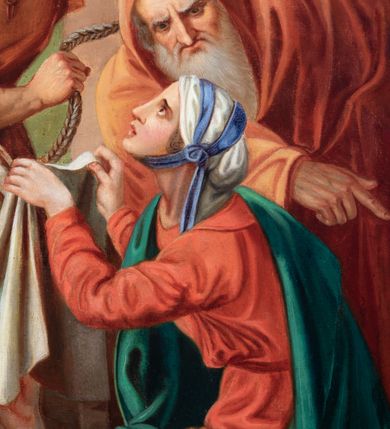 Zdjęcie nr 89: Czternaście obrazów uzyskało ten sam kształt stojącego prostokąta, obramienionego prostą, złoconą i profilowaną ramą. W polach obrazowych znalazły się wielopostaciowe kompozycje umieszczone najczęściej na tle pejzażu, ale także i architektury. Narracja każdego z obrazów skupia się na osobie Chrystusa, któremu towarzyszą inni ludzie, zgodnie z tematyką kolejnej stacji. Namalowane postacie wykonują gwałtowne i dynamiczne gesty. Na ich twarzach o jasnych karnacjach widoczne są różne emocje. Postacie ubrane są w obficie drapowane szaty o intensywnej i kontrastowej kolorystyce. Cykl przedstawia: 1) Sąd Piłata, 2) Jezus bierze krzyż na ramiona, 3) Pierwszy upadek Chrystusa, 4) Chrystus spotyka matkę, 5) Szymon z Cyreny pomaga nieść krzyż Jezusowi, 6) Weronika ociera twarz Jezusa, 7) Drugi upadek pod krzyżem Chrystusa, 8) Jezus upomina płaczące niewiasty, 9) Trzeci upadek pod krzyżem Chrystusa, 10) Obnażenie z szat Jezusa, 11) Przybicie do krzyża Chrystusa, 12) Śmierć Chrystusa na krzyżu, 13) Opłakiwanie Jezusa, 14) Złożenie Chrystusa do grobu.  