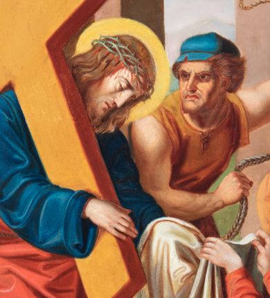 Zdjęcie nr 90: Czternaście obrazów uzyskało ten sam kształt stojącego prostokąta, obramienionego prostą, złoconą i profilowaną ramą. W polach obrazowych znalazły się wielopostaciowe kompozycje umieszczone najczęściej na tle pejzażu, ale także i architektury. Narracja każdego z obrazów skupia się na osobie Chrystusa, któremu towarzyszą inni ludzie, zgodnie z tematyką kolejnej stacji. Namalowane postacie wykonują gwałtowne i dynamiczne gesty. Na ich twarzach o jasnych karnacjach widoczne są różne emocje. Postacie ubrane są w obficie drapowane szaty o intensywnej i kontrastowej kolorystyce. Cykl przedstawia: 1) Sąd Piłata, 2) Jezus bierze krzyż na ramiona, 3) Pierwszy upadek Chrystusa, 4) Chrystus spotyka matkę, 5) Szymon z Cyreny pomaga nieść krzyż Jezusowi, 6) Weronika ociera twarz Jezusa, 7) Drugi upadek pod krzyżem Chrystusa, 8) Jezus upomina płaczące niewiasty, 9) Trzeci upadek pod krzyżem Chrystusa, 10) Obnażenie z szat Jezusa, 11) Przybicie do krzyża Chrystusa, 12) Śmierć Chrystusa na krzyżu, 13) Opłakiwanie Jezusa, 14) Złożenie Chrystusa do grobu.  