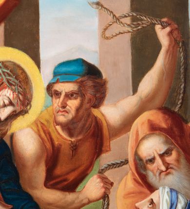 Zdjęcie nr 93: Czternaście obrazów uzyskało ten sam kształt stojącego prostokąta, obramienionego prostą, złoconą i profilowaną ramą. W polach obrazowych znalazły się wielopostaciowe kompozycje umieszczone najczęściej na tle pejzażu, ale także i architektury. Narracja każdego z obrazów skupia się na osobie Chrystusa, któremu towarzyszą inni ludzie, zgodnie z tematyką kolejnej stacji. Namalowane postacie wykonują gwałtowne i dynamiczne gesty. Na ich twarzach o jasnych karnacjach widoczne są różne emocje. Postacie ubrane są w obficie drapowane szaty o intensywnej i kontrastowej kolorystyce. Cykl przedstawia: 1) Sąd Piłata, 2) Jezus bierze krzyż na ramiona, 3) Pierwszy upadek Chrystusa, 4) Chrystus spotyka matkę, 5) Szymon z Cyreny pomaga nieść krzyż Jezusowi, 6) Weronika ociera twarz Jezusa, 7) Drugi upadek pod krzyżem Chrystusa, 8) Jezus upomina płaczące niewiasty, 9) Trzeci upadek pod krzyżem Chrystusa, 10) Obnażenie z szat Jezusa, 11) Przybicie do krzyża Chrystusa, 12) Śmierć Chrystusa na krzyżu, 13) Opłakiwanie Jezusa, 14) Złożenie Chrystusa do grobu.  