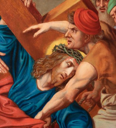 Zdjęcie nr 96: Czternaście obrazów uzyskało ten sam kształt stojącego prostokąta, obramienionego prostą, złoconą i profilowaną ramą. W polach obrazowych znalazły się wielopostaciowe kompozycje umieszczone najczęściej na tle pejzażu, ale także i architektury. Narracja każdego z obrazów skupia się na osobie Chrystusa, któremu towarzyszą inni ludzie, zgodnie z tematyką kolejnej stacji. Namalowane postacie wykonują gwałtowne i dynamiczne gesty. Na ich twarzach o jasnych karnacjach widoczne są różne emocje. Postacie ubrane są w obficie drapowane szaty o intensywnej i kontrastowej kolorystyce. Cykl przedstawia: 1) Sąd Piłata, 2) Jezus bierze krzyż na ramiona, 3) Pierwszy upadek Chrystusa, 4) Chrystus spotyka matkę, 5) Szymon z Cyreny pomaga nieść krzyż Jezusowi, 6) Weronika ociera twarz Jezusa, 7) Drugi upadek pod krzyżem Chrystusa, 8) Jezus upomina płaczące niewiasty, 9) Trzeci upadek pod krzyżem Chrystusa, 10) Obnażenie z szat Jezusa, 11) Przybicie do krzyża Chrystusa, 12) Śmierć Chrystusa na krzyżu, 13) Opłakiwanie Jezusa, 14) Złożenie Chrystusa do grobu.  