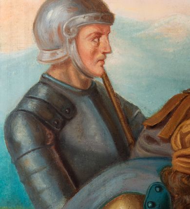 Zdjęcie nr 99: Czternaście obrazów uzyskało ten sam kształt stojącego prostokąta, obramienionego prostą, złoconą i profilowaną ramą. W polach obrazowych znalazły się wielopostaciowe kompozycje umieszczone najczęściej na tle pejzażu, ale także i architektury. Narracja każdego z obrazów skupia się na osobie Chrystusa, któremu towarzyszą inni ludzie, zgodnie z tematyką kolejnej stacji. Namalowane postacie wykonują gwałtowne i dynamiczne gesty. Na ich twarzach o jasnych karnacjach widoczne są różne emocje. Postacie ubrane są w obficie drapowane szaty o intensywnej i kontrastowej kolorystyce. Cykl przedstawia: 1) Sąd Piłata, 2) Jezus bierze krzyż na ramiona, 3) Pierwszy upadek Chrystusa, 4) Chrystus spotyka matkę, 5) Szymon z Cyreny pomaga nieść krzyż Jezusowi, 6) Weronika ociera twarz Jezusa, 7) Drugi upadek pod krzyżem Chrystusa, 8) Jezus upomina płaczące niewiasty, 9) Trzeci upadek pod krzyżem Chrystusa, 10) Obnażenie z szat Jezusa, 11) Przybicie do krzyża Chrystusa, 12) Śmierć Chrystusa na krzyżu, 13) Opłakiwanie Jezusa, 14) Złożenie Chrystusa do grobu.  