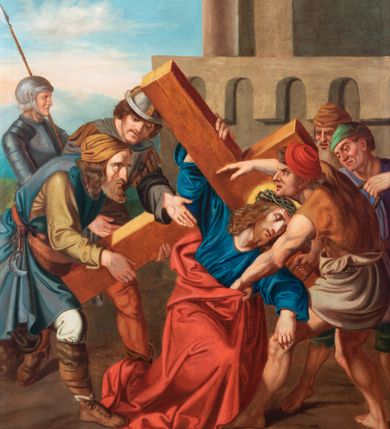 Zdjęcie nr 103: Czternaście obrazów uzyskało ten sam kształt stojącego prostokąta, obramienionego prostą, złoconą i profilowaną ramą. W polach obrazowych znalazły się wielopostaciowe kompozycje umieszczone najczęściej na tle pejzażu, ale także i architektury. Narracja każdego z obrazów skupia się na osobie Chrystusa, któremu towarzyszą inni ludzie, zgodnie z tematyką kolejnej stacji. Namalowane postacie wykonują gwałtowne i dynamiczne gesty. Na ich twarzach o jasnych karnacjach widoczne są różne emocje. Postacie ubrane są w obficie drapowane szaty o intensywnej i kontrastowej kolorystyce. Cykl przedstawia: 1) Sąd Piłata, 2) Jezus bierze krzyż na ramiona, 3) Pierwszy upadek Chrystusa, 4) Chrystus spotyka matkę, 5) Szymon z Cyreny pomaga nieść krzyż Jezusowi, 6) Weronika ociera twarz Jezusa, 7) Drugi upadek pod krzyżem Chrystusa, 8) Jezus upomina płaczące niewiasty, 9) Trzeci upadek pod krzyżem Chrystusa, 10) Obnażenie z szat Jezusa, 11) Przybicie do krzyża Chrystusa, 12) Śmierć Chrystusa na krzyżu, 13) Opłakiwanie Jezusa, 14) Złożenie Chrystusa do grobu.  