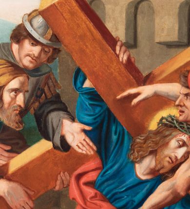 Zdjęcie nr 102: Czternaście obrazów uzyskało ten sam kształt stojącego prostokąta, obramienionego prostą, złoconą i profilowaną ramą. W polach obrazowych znalazły się wielopostaciowe kompozycje umieszczone najczęściej na tle pejzażu, ale także i architektury. Narracja każdego z obrazów skupia się na osobie Chrystusa, któremu towarzyszą inni ludzie, zgodnie z tematyką kolejnej stacji. Namalowane postacie wykonują gwałtowne i dynamiczne gesty. Na ich twarzach o jasnych karnacjach widoczne są różne emocje. Postacie ubrane są w obficie drapowane szaty o intensywnej i kontrastowej kolorystyce. Cykl przedstawia: 1) Sąd Piłata, 2) Jezus bierze krzyż na ramiona, 3) Pierwszy upadek Chrystusa, 4) Chrystus spotyka matkę, 5) Szymon z Cyreny pomaga nieść krzyż Jezusowi, 6) Weronika ociera twarz Jezusa, 7) Drugi upadek pod krzyżem Chrystusa, 8) Jezus upomina płaczące niewiasty, 9) Trzeci upadek pod krzyżem Chrystusa, 10) Obnażenie z szat Jezusa, 11) Przybicie do krzyża Chrystusa, 12) Śmierć Chrystusa na krzyżu, 13) Opłakiwanie Jezusa, 14) Złożenie Chrystusa do grobu.  