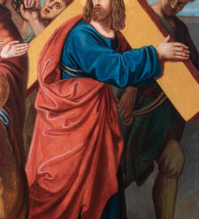 Zdjęcie nr 107: Czternaście obrazów uzyskało ten sam kształt stojącego prostokąta, obramienionego prostą, złoconą i profilowaną ramą. W polach obrazowych znalazły się wielopostaciowe kompozycje umieszczone najczęściej na tle pejzażu, ale także i architektury. Narracja każdego z obrazów skupia się na osobie Chrystusa, któremu towarzyszą inni ludzie, zgodnie z tematyką kolejnej stacji. Namalowane postacie wykonują gwałtowne i dynamiczne gesty. Na ich twarzach o jasnych karnacjach widoczne są różne emocje. Postacie ubrane są w obficie drapowane szaty o intensywnej i kontrastowej kolorystyce. Cykl przedstawia: 1) Sąd Piłata, 2) Jezus bierze krzyż na ramiona, 3) Pierwszy upadek Chrystusa, 4) Chrystus spotyka matkę, 5) Szymon z Cyreny pomaga nieść krzyż Jezusowi, 6) Weronika ociera twarz Jezusa, 7) Drugi upadek pod krzyżem Chrystusa, 8) Jezus upomina płaczące niewiasty, 9) Trzeci upadek pod krzyżem Chrystusa, 10) Obnażenie z szat Jezusa, 11) Przybicie do krzyża Chrystusa, 12) Śmierć Chrystusa na krzyżu, 13) Opłakiwanie Jezusa, 14) Złożenie Chrystusa do grobu.  