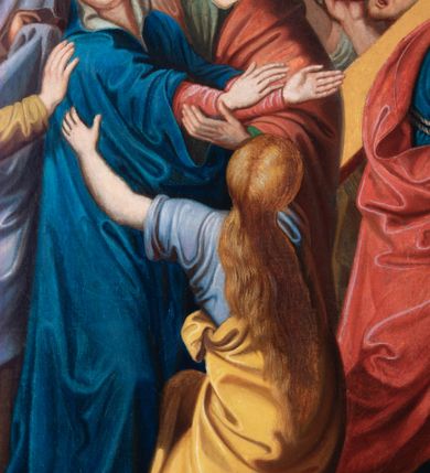 Zdjęcie nr 105: Czternaście obrazów uzyskało ten sam kształt stojącego prostokąta, obramienionego prostą, złoconą i profilowaną ramą. W polach obrazowych znalazły się wielopostaciowe kompozycje umieszczone najczęściej na tle pejzażu, ale także i architektury. Narracja każdego z obrazów skupia się na osobie Chrystusa, któremu towarzyszą inni ludzie, zgodnie z tematyką kolejnej stacji. Namalowane postacie wykonują gwałtowne i dynamiczne gesty. Na ich twarzach o jasnych karnacjach widoczne są różne emocje. Postacie ubrane są w obficie drapowane szaty o intensywnej i kontrastowej kolorystyce. Cykl przedstawia: 1) Sąd Piłata, 2) Jezus bierze krzyż na ramiona, 3) Pierwszy upadek Chrystusa, 4) Chrystus spotyka matkę, 5) Szymon z Cyreny pomaga nieść krzyż Jezusowi, 6) Weronika ociera twarz Jezusa, 7) Drugi upadek pod krzyżem Chrystusa, 8) Jezus upomina płaczące niewiasty, 9) Trzeci upadek pod krzyżem Chrystusa, 10) Obnażenie z szat Jezusa, 11) Przybicie do krzyża Chrystusa, 12) Śmierć Chrystusa na krzyżu, 13) Opłakiwanie Jezusa, 14) Złożenie Chrystusa do grobu.  