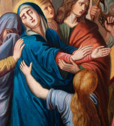 Zdjęcie nr 111: Czternaście obrazów uzyskało ten sam kształt stojącego prostokąta, obramienionego prostą, złoconą i profilowaną ramą. W polach obrazowych znalazły się wielopostaciowe kompozycje umieszczone najczęściej na tle pejzażu, ale także i architektury. Narracja każdego z obrazów skupia się na osobie Chrystusa, któremu towarzyszą inni ludzie, zgodnie z tematyką kolejnej stacji. Namalowane postacie wykonują gwałtowne i dynamiczne gesty. Na ich twarzach o jasnych karnacjach widoczne są różne emocje. Postacie ubrane są w obficie drapowane szaty o intensywnej i kontrastowej kolorystyce. Cykl przedstawia: 1) Sąd Piłata, 2) Jezus bierze krzyż na ramiona, 3) Pierwszy upadek Chrystusa, 4) Chrystus spotyka matkę, 5) Szymon z Cyreny pomaga nieść krzyż Jezusowi, 6) Weronika ociera twarz Jezusa, 7) Drugi upadek pod krzyżem Chrystusa, 8) Jezus upomina płaczące niewiasty, 9) Trzeci upadek pod krzyżem Chrystusa, 10) Obnażenie z szat Jezusa, 11) Przybicie do krzyża Chrystusa, 12) Śmierć Chrystusa na krzyżu, 13) Opłakiwanie Jezusa, 14) Złożenie Chrystusa do grobu.  