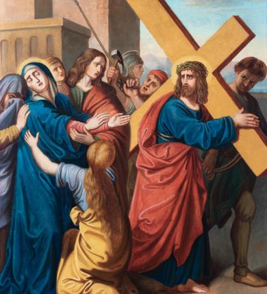 Zdjęcie nr 112: Czternaście obrazów uzyskało ten sam kształt stojącego prostokąta, obramienionego prostą, złoconą i profilowaną ramą. W polach obrazowych znalazły się wielopostaciowe kompozycje umieszczone najczęściej na tle pejzażu, ale także i architektury. Narracja każdego z obrazów skupia się na osobie Chrystusa, któremu towarzyszą inni ludzie, zgodnie z tematyką kolejnej stacji. Namalowane postacie wykonują gwałtowne i dynamiczne gesty. Na ich twarzach o jasnych karnacjach widoczne są różne emocje. Postacie ubrane są w obficie drapowane szaty o intensywnej i kontrastowej kolorystyce. Cykl przedstawia: 1) Sąd Piłata, 2) Jezus bierze krzyż na ramiona, 3) Pierwszy upadek Chrystusa, 4) Chrystus spotyka matkę, 5) Szymon z Cyreny pomaga nieść krzyż Jezusowi, 6) Weronika ociera twarz Jezusa, 7) Drugi upadek pod krzyżem Chrystusa, 8) Jezus upomina płaczące niewiasty, 9) Trzeci upadek pod krzyżem Chrystusa, 10) Obnażenie z szat Jezusa, 11) Przybicie do krzyża Chrystusa, 12) Śmierć Chrystusa na krzyżu, 13) Opłakiwanie Jezusa, 14) Złożenie Chrystusa do grobu.  