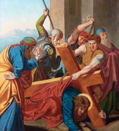 Zdjęcie nr 118: Czternaście obrazów uzyskało ten sam kształt stojącego prostokąta, obramienionego prostą, złoconą i profilowaną ramą. W polach obrazowych znalazły się wielopostaciowe kompozycje umieszczone najczęściej na tle pejzażu, ale także i architektury. Narracja każdego z obrazów skupia się na osobie Chrystusa, któremu towarzyszą inni ludzie, zgodnie z tematyką kolejnej stacji. Namalowane postacie wykonują gwałtowne i dynamiczne gesty. Na ich twarzach o jasnych karnacjach widoczne są różne emocje. Postacie ubrane są w obficie drapowane szaty o intensywnej i kontrastowej kolorystyce. Cykl przedstawia: 1) Sąd Piłata, 2) Jezus bierze krzyż na ramiona, 3) Pierwszy upadek Chrystusa, 4) Chrystus spotyka matkę, 5) Szymon z Cyreny pomaga nieść krzyż Jezusowi, 6) Weronika ociera twarz Jezusa, 7) Drugi upadek pod krzyżem Chrystusa, 8) Jezus upomina płaczące niewiasty, 9) Trzeci upadek pod krzyżem Chrystusa, 10) Obnażenie z szat Jezusa, 11) Przybicie do krzyża Chrystusa, 12) Śmierć Chrystusa na krzyżu, 13) Opłakiwanie Jezusa, 14) Złożenie Chrystusa do grobu.  