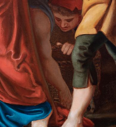 Zdjęcie nr 122: Czternaście obrazów uzyskało ten sam kształt stojącego prostokąta, obramienionego prostą, złoconą i profilowaną ramą. W polach obrazowych znalazły się wielopostaciowe kompozycje umieszczone najczęściej na tle pejzażu, ale także i architektury. Narracja każdego z obrazów skupia się na osobie Chrystusa, któremu towarzyszą inni ludzie, zgodnie z tematyką kolejnej stacji. Namalowane postacie wykonują gwałtowne i dynamiczne gesty. Na ich twarzach o jasnych karnacjach widoczne są różne emocje. Postacie ubrane są w obficie drapowane szaty o intensywnej i kontrastowej kolorystyce. Cykl przedstawia: 1) Sąd Piłata, 2) Jezus bierze krzyż na ramiona, 3) Pierwszy upadek Chrystusa, 4) Chrystus spotyka matkę, 5) Szymon z Cyreny pomaga nieść krzyż Jezusowi, 6) Weronika ociera twarz Jezusa, 7) Drugi upadek pod krzyżem Chrystusa, 8) Jezus upomina płaczące niewiasty, 9) Trzeci upadek pod krzyżem Chrystusa, 10) Obnażenie z szat Jezusa, 11) Przybicie do krzyża Chrystusa, 12) Śmierć Chrystusa na krzyżu, 13) Opłakiwanie Jezusa, 14) Złożenie Chrystusa do grobu.  