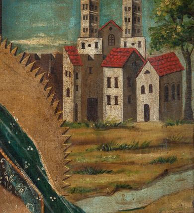 Zdjęcie nr 16: Feretron utworzono z mocno obecnie zniszczonej, prostopadłościennej podstawy w formie postumentu z otworami przeznaczonymi na drążki do noszenia oraz czworobocznego obramienia dekorowanego z trzech stron złoconą, ażurową wicią stylizowanego akantu. Na zwieńczeniu w owalu wyobrażona na awersie chrystogram "IHS", a na rewersie monogram maryjny. Dwustronne pole obrazowe uzyskało kształt stojącego prostokąta. Na awersie przedstawiono Świętą Rodzinę ze św. Janem Chrzcicielem, określaną jako Matka Boska Dzikowska. W centrum kompozycji w półpostaci wyobrażono ukazaną frontalne z pochyloną w lewo głową Madonnę trzymającą przed sobą obiema rękami Dzieciątko Jezus. Matka Boska ma pociągłą twarz o jasnej karnacji z rumianymi policzkami, ciemne oczy, wydatny nos i usta. Na głowie ma ciemnozieloną chustę lamowaną złotą tasiemką, okrytą przeźroczystym welonem oraz złotą, zamkniętą koronę z krzyżykiem na globie. Ubrana jest w bladofioletową suknię obszytą złotą taśmą z malarską imitacją kameryzacji oraz niebieski płaszcz narzucony na ramiona i lamowany złotym galonem. Dzieciątko zostało ukazane w pozycji siedząco-leżącej w trzech czwartych w prawo. Jezus w obu wyciągniętych rękach trzyma wiśnie. Jego twarz o jasnej karnacji i rumianych policzkach charakteryzuje wydatny nos i usta. Głowę okalają krótkie, ciemne włosy odsłaniające prawe ucho. Dzieciątko ma na głowie zamkniętą, złotą koronę z krzyżykiem na globie. Zbawiciel ubrany jest w jasną tunikę. Od piersi w dół jego postać zakrywa wzorzysta tkanina, w którą jest owinięty. Głowy obu postaci otaczają złociste, zębate nimby. Z lewej strony w tyle widać do połowy postać św. Józefa. Jest to starszy mężczyzna z głową ujętą w trzech czwartych w prawo, z lilią w prawej ręce. Ma szeroko otwarte ciemne oczy, wydatny nos i usta. Głowę okalają siwe włosy i krótka broda. Ubrany jest w niebiesko-zieloną tunikę z kołnierzykiem oraz narzucony na ramiona żółty płaszcz. Na pierwszym planie w lewym rogu kompozycji w półpostaci przedstawiono w profilu małego św. Jana Chrzciciela z głową obrócona w stronę widza. Święty obiema rączkami przytula do siebie baranka. Ma owalną twarz o jasnej karnacji z drobnym nosem i ustami, okoloną jasnymi lokami. Jego nagie ciało okrywa skóra wielbłądzia. Za nim widać górną część laski krzyżowej z białą banderolą z napisem "ECCE AGNUS DEI". W głębi w prawym rogu obrazu widać w oddali budynki konwentu dominikańskiego w Dzikowie. Na rewersie feretronu wyobrażono w centrum kompozycji stojącą frontalnie Matkę Boską Saletyńską. Madonna ze skrzyżowanymi na piersi dłońmi stoi na kamiennej płycie. Ma owalną twarz o jasnej karnacji z rumianymi policzkami, prostym nosem i wydatnymi ustami oraz otwartymi, ciemnymi oczami. Na głowie otoczonej zębatym nimbem ma pasiastą chustę przykrytą welonem oraz złotą, zamkniętą koronę z krzyżykiem na globie, dodatkowo obwiedzioną różanym wiankiem. Maria ubrana jest w białą koszulę oraz bladoszkarłatną suknię lamowaną galonem, dekorowaną na dole malowanymi kamieniami szlachetnymi i przepasaną złotym fartuszkiem. W głębi przedstawienia po obu stronach Marii zilustrowano dwa epizodu z historii objawień. Z lewej strony kompozycji widać klęczącą naprzeciw siebie dwójkę dzieci, ponad głowami których zjawia się Madonna w promienistej mandorli na tle złocisto-brązowych obłoków, a po prawej ta sama Matka Boska siedzi płacząc na kamieniu, a dwójka dzieci śpi obok siebie z tyłu. Maria w obu przypadkach została ukazano tak samo, jak w głównym przedstawieniu. Całość kompozycji w dolnej strefie uzupełniają małe wyobrażenia pasących się krów oraz widoczne w głębi przy linii horyzontu małe domki, a w górnej strefie w prawym rogu obecność trzech uskrzydlonych główek anielskich na tle złocisto-brązowych obłoków.

