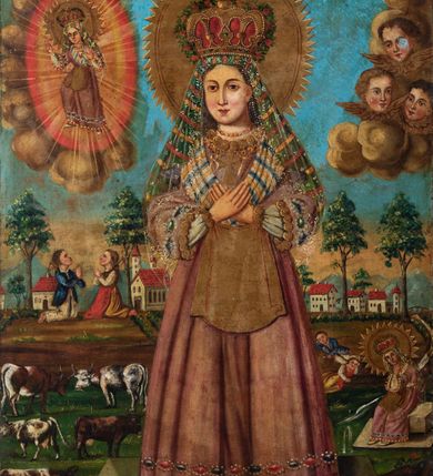 Zdjęcie nr 11: Feretron utworzono z mocno obecnie zniszczonej, prostopadłościennej podstawy w formie postumentu z otworami przeznaczonymi na drążki do noszenia oraz czworobocznego obramienia dekorowanego z trzech stron złoconą, ażurową wicią stylizowanego akantu. Na zwieńczeniu w owalu wyobrażona na awersie chrystogram "IHS", a na rewersie monogram maryjny. Dwustronne pole obrazowe uzyskało kształt stojącego prostokąta. Na awersie przedstawiono Świętą Rodzinę ze św. Janem Chrzcicielem, określaną jako Matka Boska Dzikowska. W centrum kompozycji w półpostaci wyobrażono ukazaną frontalne z pochyloną w lewo głową Madonnę trzymającą przed sobą obiema rękami Dzieciątko Jezus. Matka Boska ma pociągłą twarz o jasnej karnacji z rumianymi policzkami, ciemne oczy, wydatny nos i usta. Na głowie ma ciemnozieloną chustę lamowaną złotą tasiemką, okrytą przeźroczystym welonem oraz złotą, zamkniętą koronę z krzyżykiem na globie. Ubrana jest w bladofioletową suknię obszytą złotą taśmą z malarską imitacją kameryzacji oraz niebieski płaszcz narzucony na ramiona i lamowany złotym galonem. Dzieciątko zostało ukazane w pozycji siedząco-leżącej w trzech czwartych w prawo. Jezus w obu wyciągniętych rękach trzyma wiśnie. Jego twarz o jasnej karnacji i rumianych policzkach charakteryzuje wydatny nos i usta. Głowę okalają krótkie, ciemne włosy odsłaniające prawe ucho. Dzieciątko ma na głowie zamkniętą, złotą koronę z krzyżykiem na globie. Zbawiciel ubrany jest w jasną tunikę. Od piersi w dół jego postać zakrywa wzorzysta tkanina, w którą jest owinięty. Głowy obu postaci otaczają złociste, zębate nimby. Z lewej strony w tyle widać do połowy postać św. Józefa. Jest to starszy mężczyzna z głową ujętą w trzech czwartych w prawo, z lilią w prawej ręce. Ma szeroko otwarte ciemne oczy, wydatny nos i usta. Głowę okalają siwe włosy i krótka broda. Ubrany jest w niebiesko-zieloną tunikę z kołnierzykiem oraz narzucony na ramiona żółty płaszcz. Na pierwszym planie w lewym rogu kompozycji w półpostaci przedstawiono w profilu małego św. Jana Chrzciciela z głową obrócona w stronę widza. Święty obiema rączkami przytula do siebie baranka. Ma owalną twarz o jasnej karnacji z drobnym nosem i ustami, okoloną jasnymi lokami. Jego nagie ciało okrywa skóra wielbłądzia. Za nim widać górną część laski krzyżowej z białą banderolą z napisem "ECCE AGNUS DEI". W głębi w prawym rogu obrazu widać w oddali budynki konwentu dominikańskiego w Dzikowie. Na rewersie feretronu wyobrażono w centrum kompozycji stojącą frontalnie Matkę Boską Saletyńską. Madonna ze skrzyżowanymi na piersi dłońmi stoi na kamiennej płycie. Ma owalną twarz o jasnej karnacji z rumianymi policzkami, prostym nosem i wydatnymi ustami oraz otwartymi, ciemnymi oczami. Na głowie otoczonej zębatym nimbem ma pasiastą chustę przykrytą welonem oraz złotą, zamkniętą koronę z krzyżykiem na globie, dodatkowo obwiedzioną różanym wiankiem. Maria ubrana jest w białą koszulę oraz bladoszkarłatną suknię lamowaną galonem, dekorowaną na dole malowanymi kamieniami szlachetnymi i przepasaną złotym fartuszkiem. W głębi przedstawienia po obu stronach Marii zilustrowano dwa epizodu z historii objawień. Z lewej strony kompozycji widać klęczącą naprzeciw siebie dwójkę dzieci, ponad głowami których zjawia się Madonna w promienistej mandorli na tle złocisto-brązowych obłoków, a po prawej ta sama Matka Boska siedzi płacząc na kamieniu, a dwójka dzieci śpi obok siebie z tyłu. Maria w obu przypadkach została ukazano tak samo, jak w głównym przedstawieniu. Całość kompozycji w dolnej strefie uzupełniają małe wyobrażenia pasących się krów oraz widoczne w głębi przy linii horyzontu małe domki, a w górnej strefie w prawym rogu obecność trzech uskrzydlonych główek anielskich na tle złocisto-brązowych obłoków.

