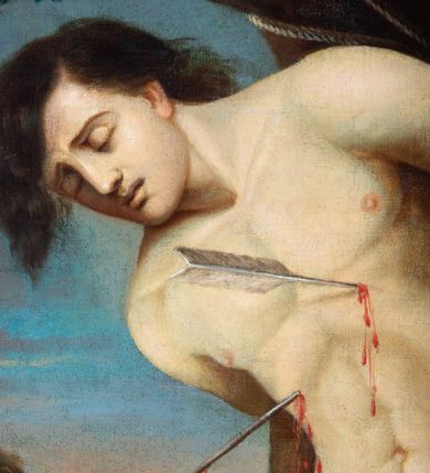 Zdjęcie nr 2: Obraz w formie stojącego prostokąta w drewnianej, profilowanej ramie. W centrum św. Sebastian przywiązany do drzewa, zwrócony w trzech czwartych w prawo, silnie pochylony, z rękami związanymi na plecach, z wysuniętą lewą nogą. Twarz ma wyrazistą, nos długi, usta lekko otwarte, oczy zamknięte, a włosy czarne. Jego nagie ciało przepasane na biodrach jest przebite czterema strzałami. Przed nim stoi anioł, który wyciąga z jego piersi strzałę. Anioł ma twarz pełną, nos krótki, usta drobne, włosy gęste, ciemne, z drobnymi puklami. Ubrany jest w luźną, niebieską suknię, odkrywającą dłonie i plecy oraz nogi. U stóp świętego leży tarcza, kołczan ze strzałami i łuk. W tle widoczne drzewa i krzewy oraz niebo. 