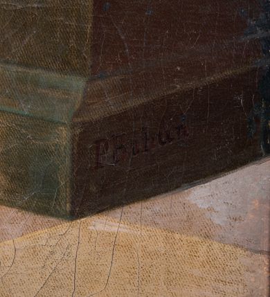 Zdjęcie nr 7: Obraz uzyskał kształt stojącego prostokąta. W centrum kompozycji ukazano przyklękającego na prawe kolano św. Antoniego Padewskiego. Święty głowę i obie ręce w zachwycie unosi ku górze. Jest to młody mężczyzna ujęty w trzech czwartych w prawo z twarzą bez zarostu widoczną w profilu. Charakteryzuje ją jasna karnacja, wydatne wargi i nos. Ma krótkie włosy z wystrzyżoną tonsurą, które odsłaniają prawe ucho. Ubrany jest w brązowy habit franciszkański przewiązany sznurem. Spod habitu wystaje prawa noga obuta w sandał. Ponad Antonim w świetlistej poświacie na tle obłoków widoczne jest kroczące Dzieciątko Jezus. Zbawiciel jest otoczony wyłaniającymi się z poświaty aniołkami. Ujęty został w trzech czwartych w lewo. Prawą ręką zdaje się błogosławić, lewą ma opuszczoną wzdłuż tułowia. Jezus ma owalna twarz o jasnej karnacji i rumianych policzkach, wysokie czoło i jasne, krótkie włosy odsłaniające fragment lewego ucha. Spojrzenie półprzymkniętych oczu kieruje na Antoniego. Jego nagie ciało częściowo okrywa przerzucona przez prawe ramię rozwiana przeźroczysta chusta. Z prawej strony kompozycji widać fragment prostego, ustawionego diagonalnie drewnianego stołu. Leży na nim otwarta księga, a pod nią zamknięta druga. Obok nich stoi niebieski wazon z liliami. Całość wizji ma miejsce w kościelnej przestrzeni, gdzie ukazano fragmenty architektury i posadzkę ułożoną w szachownicę jasnoochrowych i jasnobrązowych płyt. Na filarze po prawej stronie widnieje sygnatura: „P[eter] Bohun.”