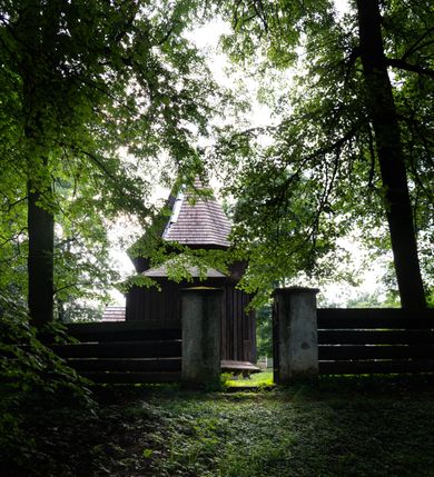 Zdjęcie nr 64: Drewniany kościół pw. św. Mikołaja w Polance jest budowlą orientowaną. Do prostokątnej nawy przylega węższe, wydłużone, trójbocznie zamknięte prezbiterium z piętrową zakrystią na osi o poligonalnym zamknięciu. Do zakrystii przylega od południa kruchta. Fragment północnej ściany prezbiterium jest murowany. Od zachodu do nawy dobudowano czworoboczną wieżę poprzedzoną przedsionkiem, który również dostawiono do nawy od południa. Prezbiterium i nawę wzniesiono na zrąb, natomiast wieżę w konstrukcji słupowej. Wieża na rzucie kwadratu posiada dwie kondygnacje. Dolna jest tej samej szerokości co nawa, górna natomiast znacznie węższa. Jej masyw podzielono smukłymi pilastrami i lizenami, zaś poniżej profilowanego gzymsu koronującego umieszczono wyrzynaną w desce koronkę. Kondygnacje oddzielono daszkiem gontowym zlewającym się po bokach z dachem kościoła. Wieżę nakryto kopulastym hełmem blaszanym, zwieńczonym blaszanym obeliskiem z krzyżem. Prezbiterium i nawę nakryto eternitowym dachem siodłowym podkreślonym profilowanym gzymsem. Nad nawą w części wschodniej zainstalowano wieżyczkę na sygnaturkę w formie wielobocznego graniastosłupa przykrytego cebulastą banią z krzyżem. Dokoła kościoła założono daszek gontowy chroniący podwaliny. Pod kościołem urządzono kryptę grzebalną. Wnętrze kościoła artykułowano za pomocą pilastrów i gzymsu. Całość nakryto stropem z fasetą. Otwór tęczowy uzyskał kształt trójlistnego, ściętego łuku, wspartego na filarkach ustawionych na profilowanej belce zawieszonej na kroksztynach. W części zachodniej nawy urządzono chór muzyczny, wsparty na dwóch kolumnach jońskich z przedpiersiem rozczłonkowanym balasami. We wnętrzu ustawiono ołtarz główny i dwa ołtarze boczne oraz ambonę, a na chórze muzycznym zainstalowano prospekt organowy.