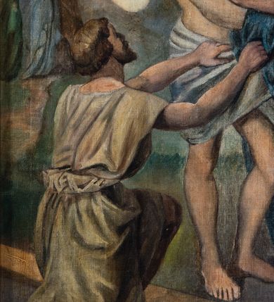 Zdjęcie nr 67: Stacje drogi krzyżowej w kształcie stojących prostokątów zamkniętych od góry łukiem trójlistnym ściętym, ujęte w ozdobne neogotyckie ramy o dekoracji architektonicznej. Pole obrazowe flankowane wąskimi kolumienkami o skręconych trzonach i akantowych kapitelach dźwigających wysokie imposty dekorowane płyciną w kształcie prostokąta zamkniętego ostrołukiem. Powyżej profilowany gzyms i wieżyczki dekorowane krenelażem. W osi ramy profilowany gzyms wyniesiony w kształt ostrołuku, dekorowany żabkami i zwieńczony złoconym krzyżem o trójlistnie zakończonych ramionach. W polu numer stacji zapisany złoconymi cyframi rzymskimi. Kompozycje malowane na płótnie, wieloosobowe umieszczone na tle pejzażu lub architektury. Kolorystyka ciemna, stonowana.