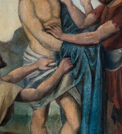 Zdjęcie nr 68: Stacje drogi krzyżowej w kształcie stojących prostokątów zamkniętych od góry łukiem trójlistnym ściętym, ujęte w ozdobne neogotyckie ramy o dekoracji architektonicznej. Pole obrazowe flankowane wąskimi kolumienkami o skręconych trzonach i akantowych kapitelach dźwigających wysokie imposty dekorowane płyciną w kształcie prostokąta zamkniętego ostrołukiem. Powyżej profilowany gzyms i wieżyczki dekorowane krenelażem. W osi ramy profilowany gzyms wyniesiony w kształt ostrołuku, dekorowany żabkami i zwieńczony złoconym krzyżem o trójlistnie zakończonych ramionach. W polu numer stacji zapisany złoconymi cyframi rzymskimi. Kompozycje malowane na płótnie, wieloosobowe umieszczone na tle pejzażu lub architektury. Kolorystyka ciemna, stonowana.