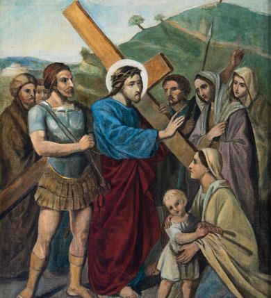 Zdjęcie nr 12: Stacje drogi krzyżowej w kształcie stojących prostokątów zamkniętych od góry łukiem trójlistnym ściętym, ujęte w ozdobne neogotyckie ramy o dekoracji architektonicznej. Pole obrazowe flankowane wąskimi kolumienkami o skręconych trzonach i akantowych kapitelach dźwigających wysokie imposty dekorowane płyciną w kształcie prostokąta zamkniętego ostrołukiem. Powyżej profilowany gzyms i wieżyczki dekorowane krenelażem. W osi ramy profilowany gzyms wyniesiony w kształt ostrołuku, dekorowany żabkami i zwieńczony złoconym krzyżem o trójlistnie zakończonych ramionach. W polu numer stacji zapisany złoconymi cyframi rzymskimi. Kompozycje malowane na płótnie, wieloosobowe umieszczone na tle pejzażu lub architektury. Kolorystyka ciemna, stonowana.