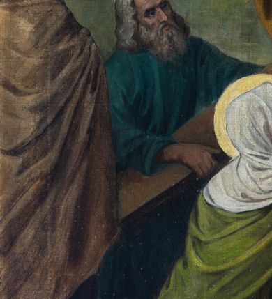 Zdjęcie nr 15: Stacje drogi krzyżowej w kształcie stojących prostokątów zamkniętych od góry łukiem trójlistnym ściętym, ujęte w ozdobne neogotyckie ramy o dekoracji architektonicznej. Pole obrazowe flankowane wąskimi kolumienkami o skręconych trzonach i akantowych kapitelach dźwigających wysokie imposty dekorowane płyciną w kształcie prostokąta zamkniętego ostrołukiem. Powyżej profilowany gzyms i wieżyczki dekorowane krenelażem. W osi ramy profilowany gzyms wyniesiony w kształt ostrołuku, dekorowany żabkami i zwieńczony złoconym krzyżem o trójlistnie zakończonych ramionach. W polu numer stacji zapisany złoconymi cyframi rzymskimi. Kompozycje malowane na płótnie, wieloosobowe umieszczone na tle pejzażu lub architektury. Kolorystyka ciemna, stonowana.