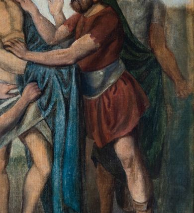 Zdjęcie nr 30: Stacje drogi krzyżowej w kształcie stojących prostokątów zamkniętych od góry łukiem trójlistnym ściętym, ujęte w ozdobne neogotyckie ramy o dekoracji architektonicznej. Pole obrazowe flankowane wąskimi kolumienkami o skręconych trzonach i akantowych kapitelach dźwigających wysokie imposty dekorowane płyciną w kształcie prostokąta zamkniętego ostrołukiem. Powyżej profilowany gzyms i wieżyczki dekorowane krenelażem. W osi ramy profilowany gzyms wyniesiony w kształt ostrołuku, dekorowany żabkami i zwieńczony złoconym krzyżem o trójlistnie zakończonych ramionach. W polu numer stacji zapisany złoconymi cyframi rzymskimi. Kompozycje malowane na płótnie, wieloosobowe umieszczone na tle pejzażu lub architektury. Kolorystyka ciemna, stonowana.