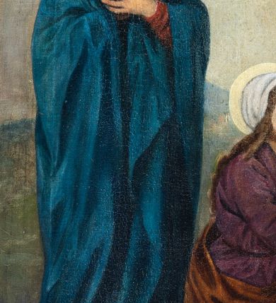 Zdjęcie nr 44: Stacje drogi krzyżowej w kształcie stojących prostokątów zamkniętych od góry łukiem trójlistnym ściętym, ujęte w ozdobne neogotyckie ramy o dekoracji architektonicznej. Pole obrazowe flankowane wąskimi kolumienkami o skręconych trzonach i akantowych kapitelach dźwigających wysokie imposty dekorowane płyciną w kształcie prostokąta zamkniętego ostrołukiem. Powyżej profilowany gzyms i wieżyczki dekorowane krenelażem. W osi ramy profilowany gzyms wyniesiony w kształt ostrołuku, dekorowany żabkami i zwieńczony złoconym krzyżem o trójlistnie zakończonych ramionach. W polu numer stacji zapisany złoconymi cyframi rzymskimi. Kompozycje malowane na płótnie, wieloosobowe umieszczone na tle pejzażu lub architektury. Kolorystyka ciemna, stonowana.