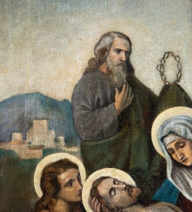 Zdjęcie nr 52: Stacje drogi krzyżowej w kształcie stojących prostokątów zamkniętych od góry łukiem trójlistnym ściętym, ujęte w ozdobne neogotyckie ramy o dekoracji architektonicznej. Pole obrazowe flankowane wąskimi kolumienkami o skręconych trzonach i akantowych kapitelach dźwigających wysokie imposty dekorowane płyciną w kształcie prostokąta zamkniętego ostrołukiem. Powyżej profilowany gzyms i wieżyczki dekorowane krenelażem. W osi ramy profilowany gzyms wyniesiony w kształt ostrołuku, dekorowany żabkami i zwieńczony złoconym krzyżem o trójlistnie zakończonych ramionach. W polu numer stacji zapisany złoconymi cyframi rzymskimi. Kompozycje malowane na płótnie, wieloosobowe umieszczone na tle pejzażu lub architektury. Kolorystyka ciemna, stonowana.