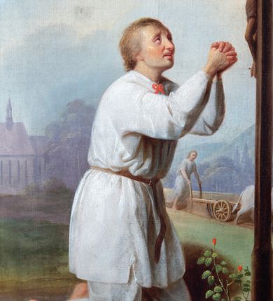 Zdjęcie nr 2: Obraz w kształcie stojącego prostokąta zamkniętego łukiem odcinkowym, w drewnianej szerokiej ramie, malowanej na czerwono i zdobionej złoconymi motywami liści akantu. Na pierwszym planie klęczący święty, ukazany w trzech czwartych, w lewo, w chłopskiej, białej tunice spiętej pod szyją czerwoną wstążką i przepasanej na biodrach brązowym paskiem oraz w spodniach. Ręce wznosi ku górze, w geście modlitwy. Jego twarz o miękkich rysach, zaoblonym nosie, pełnych wargach i płytkich oczodołach wyraża żar wygłaszanej modlitwy. Włosy ma jasne, zaczesane do tyłu. Święty Izydor klęczy przed krzyżem z figurą Chrystusa, ukazanego w silnym skrócie perspektywicznym, na niewielkim ukwieconym pagórku, na którym leży kapelusz. W tle anioł z pługiem zaprzężonym w dwa woły, fragment kościoła w części zasłoniętego starodrzewiem oraz las z pagórkowatym krajobrazem. Niebo jasne, błękitne, zasłonięte w części szarymi chmurami. W prawym dolnym rogu sygnatura „mal[ował] Wojciech Eljasz / 1853”. Na odwrocie „Za staraniem X[iądz] Wojciecha Jenczego / Administratorka Parafii Zielonek / malowano w Krakowie / r[oku] 1853.”