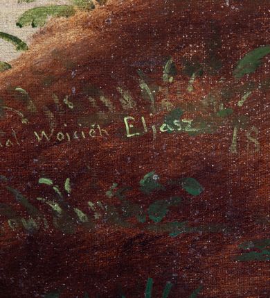 Zdjęcie nr 10: Obraz w kształcie stojącego prostokąta zamkniętego łukiem odcinkowym, w drewnianej szerokiej ramie, malowanej na czerwono i zdobionej złoconymi motywami liści akantu. Na pierwszym planie klęczący święty, ukazany w trzech czwartych, w lewo, w chłopskiej, białej tunice spiętej pod szyją czerwoną wstążką i przepasanej na biodrach brązowym paskiem oraz w spodniach. Ręce wznosi ku górze, w geście modlitwy. Jego twarz o miękkich rysach, zaoblonym nosie, pełnych wargach i płytkich oczodołach wyraża żar wygłaszanej modlitwy. Włosy ma jasne, zaczesane do tyłu. Święty Izydor klęczy przed krzyżem z figurą Chrystusa, ukazanego w silnym skrócie perspektywicznym, na niewielkim ukwieconym pagórku, na którym leży kapelusz. W tle anioł z pługiem zaprzężonym w dwa woły, fragment kościoła w części zasłoniętego starodrzewiem oraz las z pagórkowatym krajobrazem. Niebo jasne, błękitne, zasłonięte w części szarymi chmurami. W prawym dolnym rogu sygnatura „mal[ował] Wojciech Eljasz / 1853”. Na odwrocie „Za staraniem X[iądz] Wojciecha Jenczego / Administratorka Parafii Zielonek / malowano w Krakowie / r[oku] 1853.”