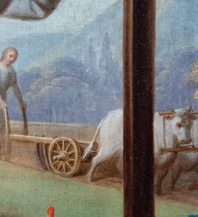 Zdjęcie nr 7: Obraz w kształcie stojącego prostokąta zamkniętego łukiem odcinkowym, w drewnianej szerokiej ramie, malowanej na czerwono i zdobionej złoconymi motywami liści akantu. Na pierwszym planie klęczący święty, ukazany w trzech czwartych, w lewo, w chłopskiej, białej tunice spiętej pod szyją czerwoną wstążką i przepasanej na biodrach brązowym paskiem oraz w spodniach. Ręce wznosi ku górze, w geście modlitwy. Jego twarz o miękkich rysach, zaoblonym nosie, pełnych wargach i płytkich oczodołach wyraża żar wygłaszanej modlitwy. Włosy ma jasne, zaczesane do tyłu. Święty Izydor klęczy przed krzyżem z figurą Chrystusa, ukazanego w silnym skrócie perspektywicznym, na niewielkim ukwieconym pagórku, na którym leży kapelusz. W tle anioł z pługiem zaprzężonym w dwa woły, fragment kościoła w części zasłoniętego starodrzewiem oraz las z pagórkowatym krajobrazem. Niebo jasne, błękitne, zasłonięte w części szarymi chmurami. W prawym dolnym rogu sygnatura „mal[ował] Wojciech Eljasz / 1853”. Na odwrocie „Za staraniem X[iądz] Wojciecha Jenczego / Administratorka Parafii Zielonek / malowano w Krakowie / r[oku] 1853.”