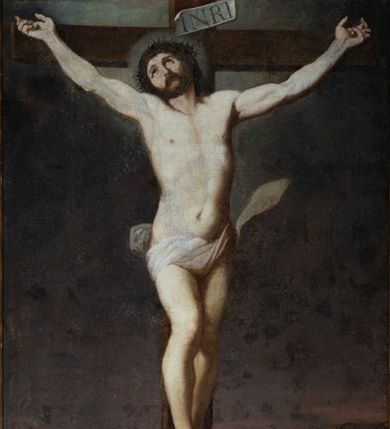 Zdjęcie nr 1: Obraz w formie stojącego prostokąta. W centrum ukazany krzyż z postacią żywego Chrystusa przybitego trzema gwoździami. Ciało w lekkim zwisie, o ramionach układających się w delikatny łuk, z głową przechyloną w prawo i uniesioną, nogi lekko ugięte w kolanach, stopy skrzyżowane w układzie prawa na lewą. Twarz ma szczupłą, o migdałowatych oczach skierowanych w górę, prostym nosie i małych ustach, okoloną krótką, ciemną brodą oraz włosami. Na głowie ma koronę cierniową. Ciało o delikatnie zarysowanej muskulaturze ramion i klatki piersiowej. Przez biodra przewiązane krótkie, białe perizonium ze skręconej tkaniny, zawiązane na prawym biodrze. Pionowa belka krzyża zakończona tabliczką z napisem „INRI”, u jej podstawy leży czaszka. Ukrzyżowanie ukazane na tle górzystego pejzażu z widoczną w oddali Jerozolimą oraz ciemnego nieba. Obraz ujęty, złoconą, profilowaną ramą.