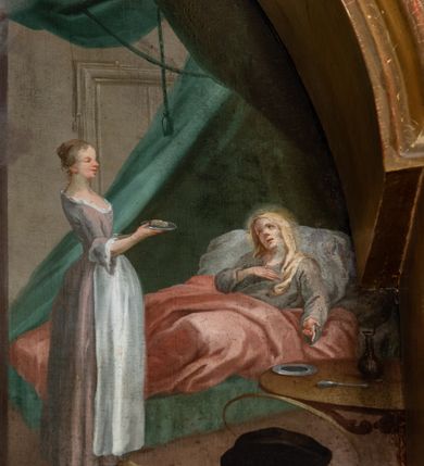 Zdjęcie nr 21: Nastawa architektoniczna, jednokondygnacyjna z glorią, jednoosiowa z bramkami, ustawiona na dwustrefowym cokole, na planie półowalu. Ołtarz kamienny, prostopadłościenny, z wcięciami na bocznych ściankach, zakończony profilowanym gzymsem; mensa kamienna. Na ściance frontowej namalowana scena Ostatniej Wieczerzy. Na ołtarzu ustawione drewniane tabernakulum obite blachą, w formie prostopadłościanu o wypukłych bokach, w narożach ujętego pilastrami o kanelowanych trzonach, dźwigającymi profilowany gzyms. Drzwiczki dwuskrzydłowe, w formie stojącego prostokąta zamkniętego łukiem półkolistym nadwieszonym, ujęty ramą z przedstawieniem baranka stojącego na ołtarzu, z którego piersi wypływa krew do kielicha; w górnej części monogram IHS. Nastawa ujęta dwiema parami filarów ustawionych pod kątem, o kanelowanych trzonach, dekorowanych kampanulami, podtrzymujących pełne belkowanie wyłamane na ich osi, z silnie wysuniętym gzymsem. Fryz zdobiony ornamentem roślinnym, w jego centrum kartusz z napisem „SANCTVS”. Na belkowaniu fragmenty zdwojonego, półkolistego przyczółka, z siedzącymi puttami. Pole główne wypełnione wnęką w formie stojącego prostokąta zamkniętego łukiem półkolistym nadwieszonym, ujęta profilowaną ramą, z obrazem Narodzenia Najświętszej Marii Panny. W przyłuczach dekoracja roślinna. Nastawa flankowana uszami utworzonymi z karbowanej wstęgi i ornamentu roślinnego. W miejscu zwieńczenia gołębica Ducha Świętego w otoku z obłoków i uskrzydlonych główek anielskich, w glorii promienistej. Bramki z drzwiczkami w formie stojącego prostokąta o wklęsłych górnych narożach ze ślimacznicami, ujęte grubą opaską, zwieńczone kluczem z herbem Uniwersytetu Jagiellońskiego oraz fragmentem profilowanego gzymsu, który stanowi podstawę dla figur św. Anny i św. Joachima. Herb lewej bramki z syglami „M[atthaeus] F[ranciscus]  K[alewski] / D[ecanus] S[antae] A[nnae] / C[uratus] Z[elenensis]”, herb prawej bramki z inskrypcją „A[NNO] D[OMINI] / 17/28”. Struktura w całości złocona, detale glorii srebrzone. Na odwrocie nastawy inskrypcja: „ODNOWIONO OŁTARZ ZA STARANIEM / KS(IĘDZA) JANA MICHALIKA. R(OKU) 1902.”