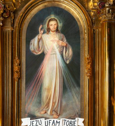 Zdjęcie nr 20: Nastawa architektoniczna, jednoosiowa, dwukondygnacyjna. Ołtarz murowany, prostopadłościenny, obity metalową blachą, zdobioną trybowaną kratownicą i gwiazdkami. Wewnątrz grób Chrystusa ze współczesną rzeźbą. Nastawa na niskim cokole, z wyodrębnionymi dwoma, ukośnie ustawionymi prostopadłościanami, z konsolami, dekorowanymi akantem i kampanulami. Pośrodku cokołu zamontowany obraz św. Faustyny w kształcie wieloboku. Kondygnacja flankowana dwiema parami pilastrów o kanelowanych trzonach oraz ustawioną przed nimi parą kolumn o kapitelach kompozytowych. Podpory dźwigają pełne belkowanie, wyłamane na ich osi, z silnie wysuniętym gzymsem, z przerwanym architrawem i fryzem nad polem środkowym. Na belkowaniu fragmenty przerwanego, wolutowego przyczółka, zwrócone pod kątem, do wewnątrz. W polu środkowym wnęka w formie stojącego prostokąta zamkniętego łukiem półkolistym, ujęta profilowaną ramą dekorowaną na bokach kwiatami, zwieńczoną muszlą. We wnęce obraz „Jezu Ufam Tobie”. Na konsolach, po bokach nastawy ustawione figury św. Kazimierza i św. Jana Kantego. Nastawa flankowana uszami utworzonymi z karbowanej wstęgi i ornamentu roślinnego. Druga kondygnacja węższa, flankowana ustawionymi pod kątem pilastrami, o trzonach dekorowanych kampanulami. Pilastry podtrzymują gzyms wyłamany na ich osi, nad polem przyjmujący kształt łuku półkolistego nadwieszonego. Na nim ustawione dwa wazony z kwiatami i bukiet kwiatów. W polu obraz św. Joachima w formie stojącego owalu, ujęty ramą, dekorowaną ornamentem roślinnym. Struktura niemal w całości złocona, elementy cokołu i fryzu polichromowane w kolorze czerwonym, ornamentyka złocona. 


