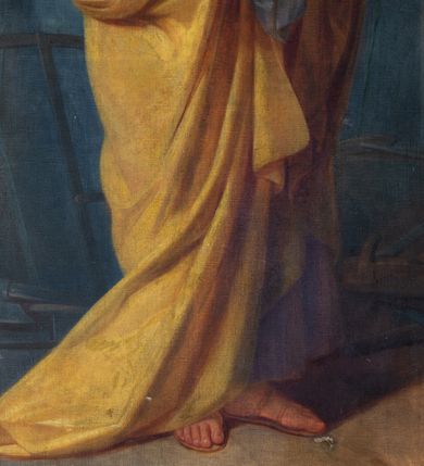 Zdjęcie nr 6: Obraz w formie stojącego prostokąta, zamkniętego łukiem półkolistym. W centrum kompozycji św. Józef ukazany w całej postaci, zwrócony w trzech czwartych w lewo, z pochyloną głową, na lewym przedramieniu podtrzymuje Dzieciątko, prawą rękę kładzie na jego kolanach. Twarz ma kwadratową, o wysokim czole, okrągłych oczach skierowanych w dół, dużym nosie i pełnych ustach, okoloną siwą brodą oraz jasnymi, krótkimi włosami. Ubrany jest w jasnofioletową tunikę i żółty płaszcz przerzucony przez lewe ramię i zawiązany wokół postaci. Dzieciątko ukazane w pozycji siedzącej, zwrócone trzy czwarte w prawo, w lewej rączce trzyma jabłko królewskie, a prawą błogosławi. Twarz ma kwadratową, o dużych, okrągłych oczach, małym nosie i pełnych ustach, okoloną krótkimi, jasnymi włosami. Dzieciątko w partii bioder przewiązane białą pieluszką. Postacie ukazane we wnętrzu warsztatu, z widocznym w tle stołem oraz narzędziami stolarskimi. Po prawej stronie kompozycji gałązka lilii. Tło szaro-niebieskie, rozjaśnione w górnej części obrazu, wokół głów postaci. Po prawej stronie obrazu sygnatura: „Wojciech Eljasz 1855”. Rama drewniana, profilowana, złocona, po bokach zdobiona rzeźbionym ornamentem kwiatowym, w zwieńczeniu muszlą palmetową.