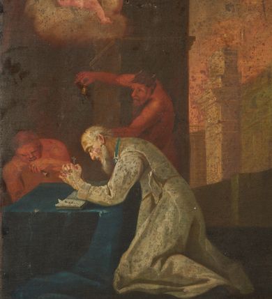 Zdjęcie nr 2: Obraz o kształcie stojącego prostokąta, przedstawiający św. Moricusa. Na pierwszym planie znajduje się ukazana bokiem postać klęczącego świętego, w pochylonej pozycji  wpierającego na łokciach o stolik rękach złożonych do modlitwy. Pociągła twarz starszego mężczyzny okolona siwą brodą. Ubrany jest w błękitną suknię z szarym kołnierzem. Stolik o który opiera się święty przykryty jest zieloną tkaniną, a na nim stoi otwarta księga. Obok znajdują się dwa diabły, jeden wspierający się o blat tego samego stołu trzyma w ugiętych rękach piszczałkę, drugi stojąc za świętym w prawej uniesionej ręce trzyma dzwonek, a lewą opiera o ramię św. Moricusa. Diabły ubrane są w czerwono brązowe szaty. Powyżej stolika widnieją  dwa siedzące na obłokach aniołki.  Po prawej stronie pola obrazowego znajduje się okno z panoramą miejską.  Tło obrazu w odcieniach brązu. W prawej dolnej krawędzi obrazu inskrypcja: „S Moricus Conessor Ords Crucig / de P[…] 1236 […] 30 marty sancte obyt /  quem cum perseculus est diabolus con / […]ssionis et Crucis S / de vicit teste ferrario.”