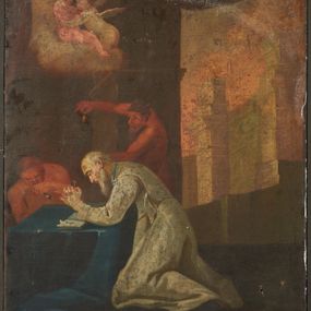 Zdjęcie nr 1: Obraz o kształcie stojącego prostokąta, przedstawiający św. Moricusa. Na pierwszym planie znajduje się ukazana bokiem postać klęczącego świętego, w pochylonej pozycji  wpierającego na łokciach o stolik rękach złożonych do modlitwy. Pociągła twarz starszego mężczyzny okolona siwą brodą. Ubrany jest w błękitną suknię z szarym kołnierzem. Stolik o który opiera się święty przykryty jest zieloną tkaniną, a na nim stoi otwarta księga. Obok znajdują się dwa diabły, jeden wspierający się o blat tego samego stołu trzyma w ugiętych rękach piszczałkę, drugi stojąc za świętym w prawej uniesionej ręce trzyma dzwonek, a lewą opiera o ramię św. Moricusa. Diabły ubrane są w czerwono brązowe szaty. Powyżej stolika widnieją  dwa siedzące na obłokach aniołki.  Po prawej stronie pola obrazowego znajduje się okno z panoramą miejską.  Tło obrazu w odcieniach brązu. W prawej dolnej krawędzi obrazu inskrypcja: „S Moricus Conessor Ords Crucig / de P[…] 1236 […] 30 marty sancte obyt /  quem cum perseculus est diabolus con / […]ssionis et Crucis S / de vicit teste ferrario.”