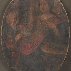 Zdjęcie nr 1: Obraz w kształcie stojącego owalu. Przedstawienie tronującej królowej, rozdającej jałmużnę 2 postaciom. Na stoliku korona i monety