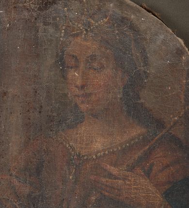 Zdjęcie nr 2: Obraz w kształcie stojącego owalu. Przedstawienie tronującej królowej, rozdającej jałmużnę 2 postaciom. Na stoliku korona i monety