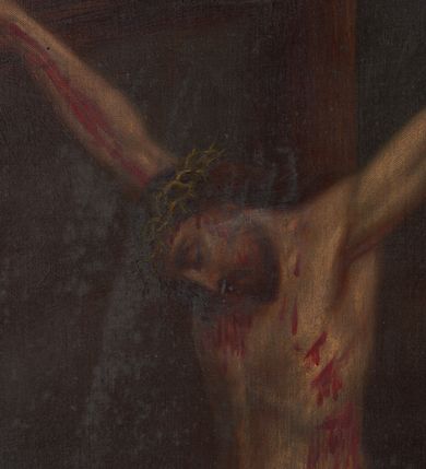 Zdjęcie nr 3: Chrystus wiszący na krzyżu, ukazany na jednolitym, ciemnym tle.