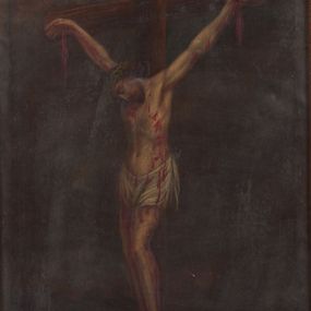 Zdjęcie nr 1: Chrystus wiszący na krzyżu, ukazany na jednolitym, ciemnym tle.