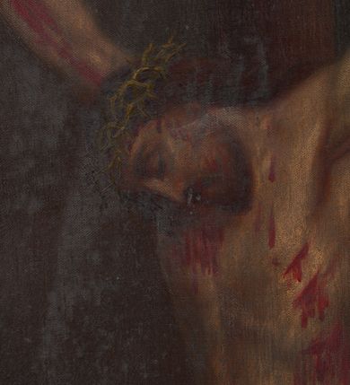 Zdjęcie nr 4: Chrystus wiszący na krzyżu, ukazany na jednolitym, ciemnym tle.