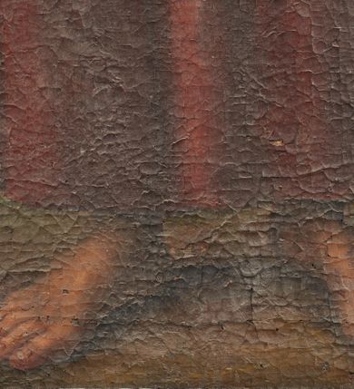 Zdjęcie nr 6: Obraz o kształcie stojącego prostokąta. Cało postaciowe przedstawienie św. Bartłomieja ujętego frontalnie, z głową zwróconą w prawą stronę. Twarz starszego mężczyzny, pociągła, z długim nosem, okolona średniej długości, kręconymi włosami i zarostem w kolorze jasno brązowym. W prawej ugiętej w łokciu ręce na wysokości serca trzyma otwartą księgę, a w lewą, ugiętą w łokciu, uniesioną na wysokości  pasa trzyma skierowany ostrzem w dół nóż. Ubrany w czerwoną szatę okrytą zielonym płaszczem. Spod sukni wystają bose stopy. Tło stanowi pejzaż w odcieniu oliwkowym.