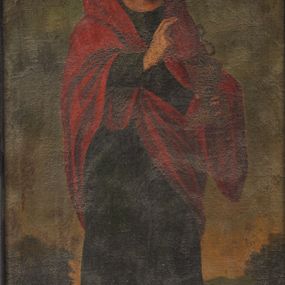 Zdjęcie nr 1: Obraz w kształcie stojącego prostokąta. Przedstawia wyobrażenie
św. Jana Ewangelisty. Cała postać ustawiona frontalnie z głową delikatnie przekręconą w prawą stronę. Prawa ręka, ugięta w łokciu, uniesiona na wysokości piersi w geście błogosławieństwa, w lewej podtrzymywany kielich z wijącym się ku górze wężem. Krągła twarz o młodzieńczych rysach, okolona długimi, lekko falowanymi, ciemnobrązowymi włosami, spływającymi na ramiona. Wokół głowy słabo widoczny, rozmyty nimb. Odziany w długą, sięgającą stóp, ciemnozieloną tunikę oraz zawieszony na ramionach, bordowy płaszcz, ukośnie przewieszony przez tors i uda. Stopy bose. Tło ciemnooliwkowe z widocznym w oddali pejzażem; horyzont usytuowany na wysokości łydki postaci.