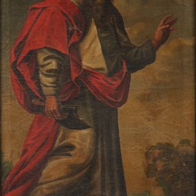 Zdjęcie nr 1: Obraz o kształcie stojącego prostokąta. Cało postaciowe przedstawienie św. Macieja, zwróconego w trzech czwartych w lewą stronę. Twarz starszego mężczyzny, pociągła, z długim nosem, okolona średniej długości, kręconymi włosami i zarostem w kolorze brązowym. W prawej ręce, na wysokości uda trzyma topór, a lewą ugiętą w łokciu unosi do góry. Ubrany jest w jasna suknię i czerwony płaszcz okrywający ramiona. Spod szaty wystają bose stopy. Tło stanowi pejzaż w odcieniu oliwkowym.