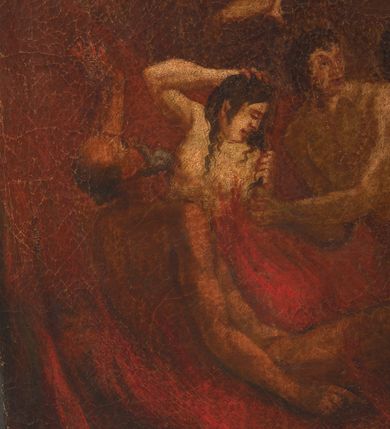 Zdjęcie nr 14: Obraz w kształcie stojącego prostokąta z przedstawieniem Matki Boskiej jako orędowniczki dusz cierpiących w czyśćcu. Kompozycja wieloplanowa, u góry i nieco w tle Maria, zwrócona nieznacznie w prawo, pochylająca się w przód, klęczy przed ukrzyżowanym Jezusem. Spogląda na syna, prawą rękę składa na piersi, lewą wyciąga w jego stronę. Jest ubrana w czerwoną suknię i granatowy płaszcz opadający daleko w tył, na głowie ma biały welon, którego koniec rozwiewa się za jej plecami; nad głową ma biały nimb w formie okręgu. Chrystus jest przybity do krzyża trzeba gwoździami – ręce powyżej głowy, nogi ugięte w kolanach, prawa nad lewą. Głowa opada mu na pierś, ciało jest wychudzone, o silnie podkreślonej anatomii, jego biodra otacza krótkie, białe perizonium, którego koniec rozwiewa się w prawą stronę. Scena rozgrywa się na skłębionych obłokach, tłem jest ciemnożółte niebo przechodzące w błękit w lewym, górnym rogu. Poniżej i bliżej widza rozgrywa się dynamiczna scena, w której dwóch aniołów wyciąga z czyśćca dusze. Anioł  po prawej stronie spogląda w dół, prawą rękę unosi ku górze, lewą łapie za nadgarstek stojącego poniżej mężczyznę. Dolną część jego ciała otacza ciemnofioletowy płaszcz,  pierś ma przepasaną cienką, czerwoną szarfą; za nim rozwiewa się brązowa tkanina. Drugi anioł leży i obiema rękami trzyma nagie dziecko, które unoszone łapie go za ramiona i zwraca się w jego stroną. Anioł ma krótkie, brązowe włosy  i granatową suknię. Poniżej, w dolnej części przedstawienia widoczny szereg nagich postaci, które otaczają czerwone, wysokie płomienie. Od lewej widoczny starzec o ciemnoszarych włosach i długiej brodzie, który lewą rękę wyciąga ku górze, obok niego kobieta o długich, brązowych włosach, która spogląda w dół przez lewy bark i prawą ręką trzyma się za głowę, dalej muskularny mężczyzna który sięga w jej stronę. Obok niego wspomniany mężczyzna wyciągany za nadgarstek przez anioła, a za nim, po obu stronach słabo widoczne dorosłe postacie. 